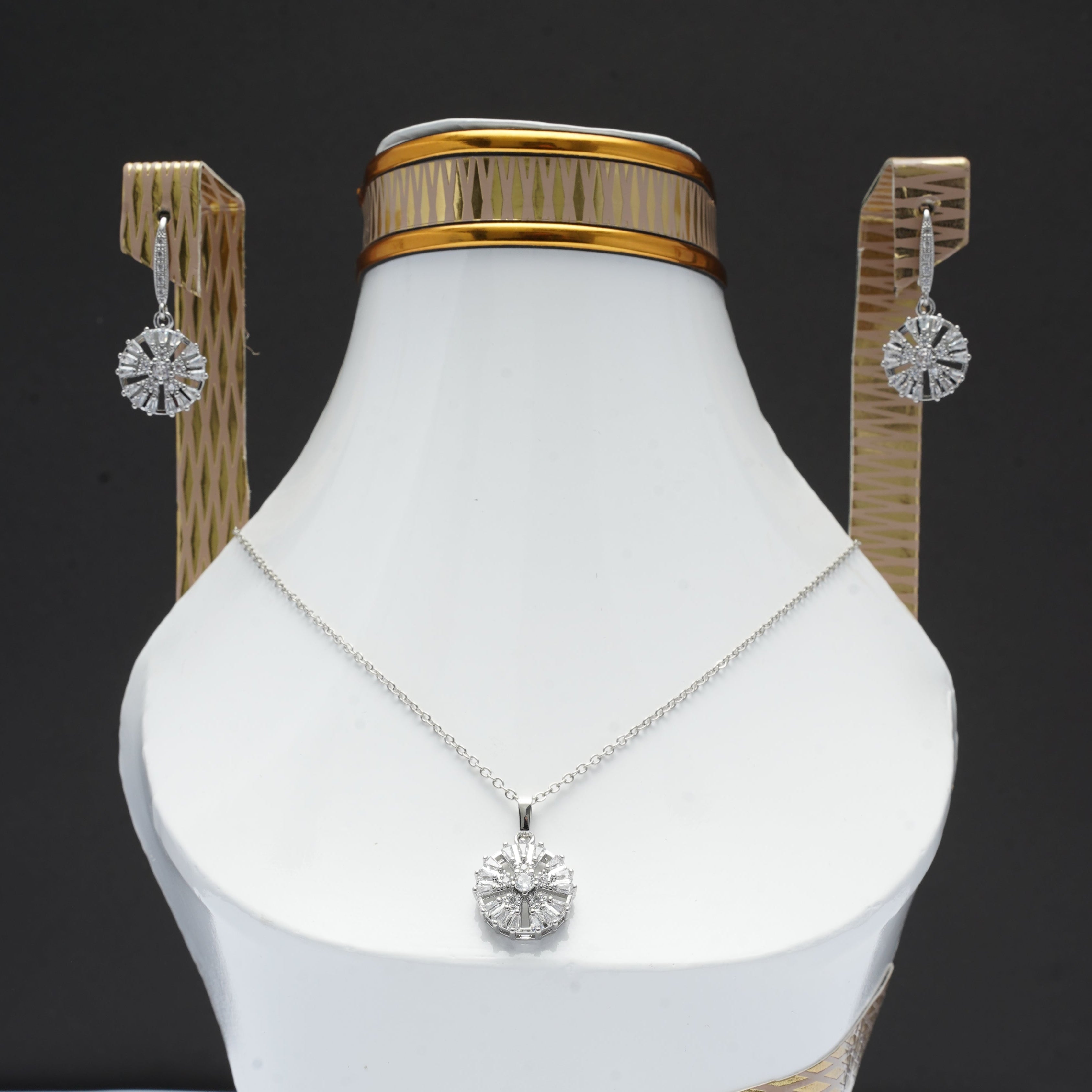 Silver-White Stone Locket and Earring Set