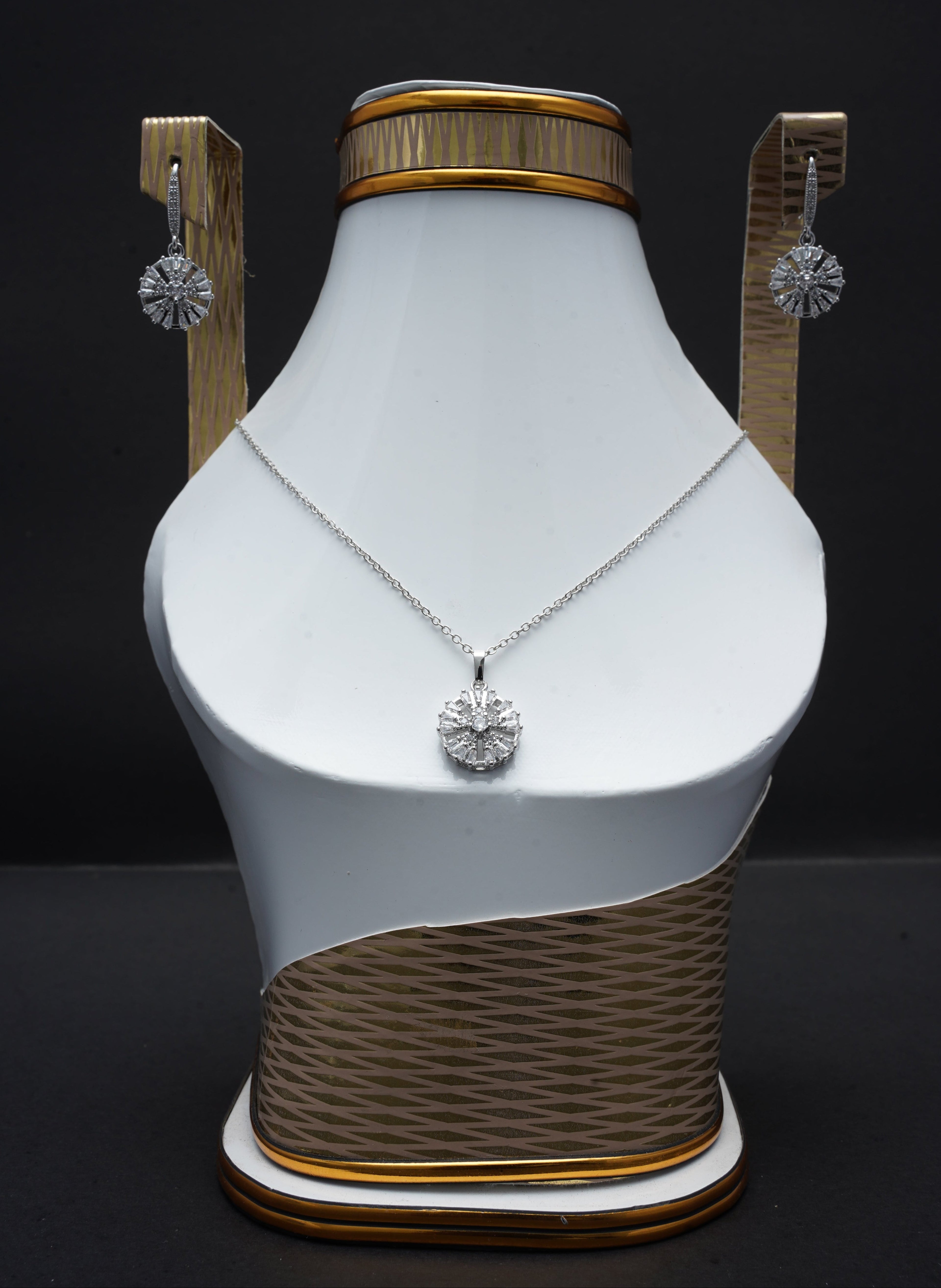 Silver-White Stone Locket and Earring Set