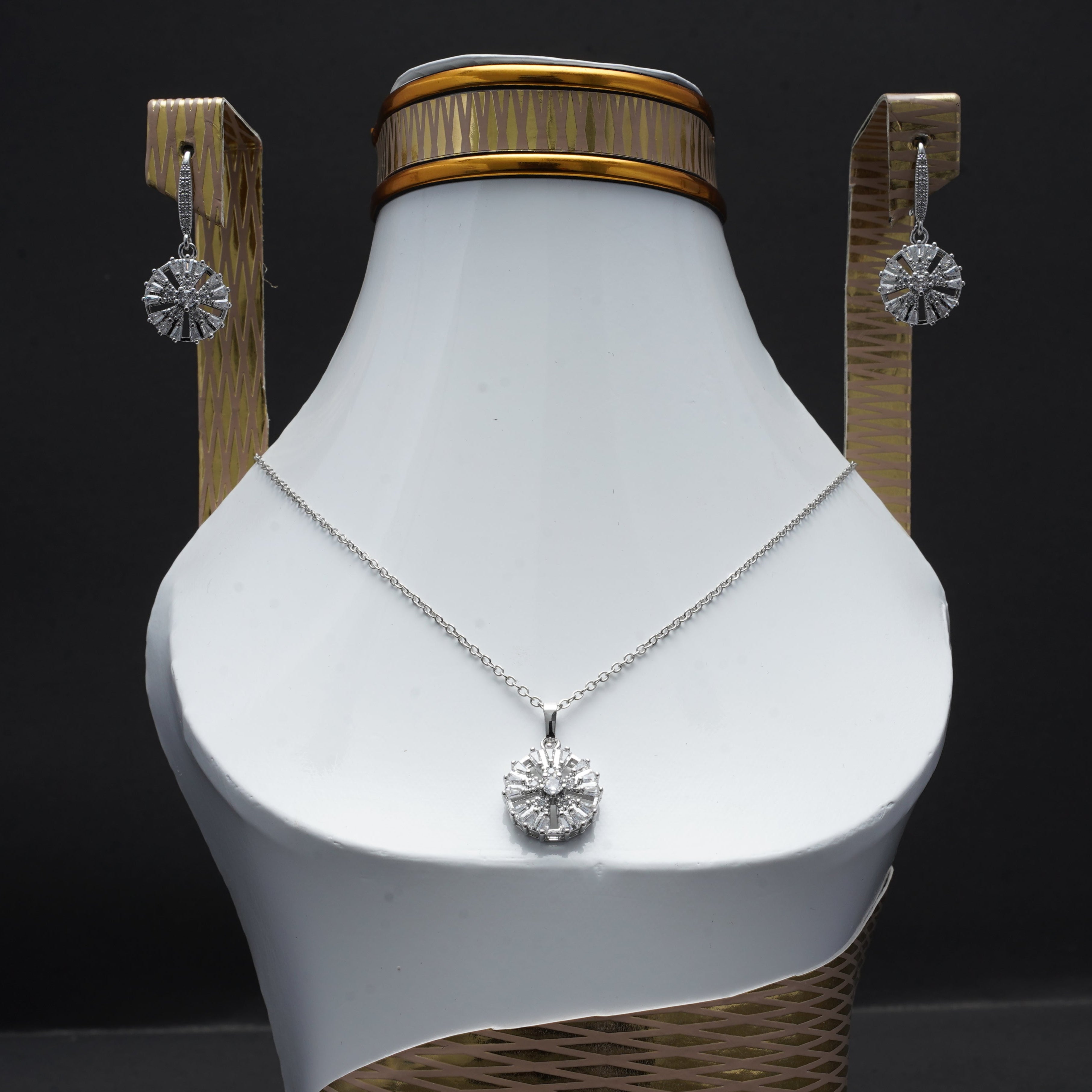 Silver-White Stone Locket and Earring Set