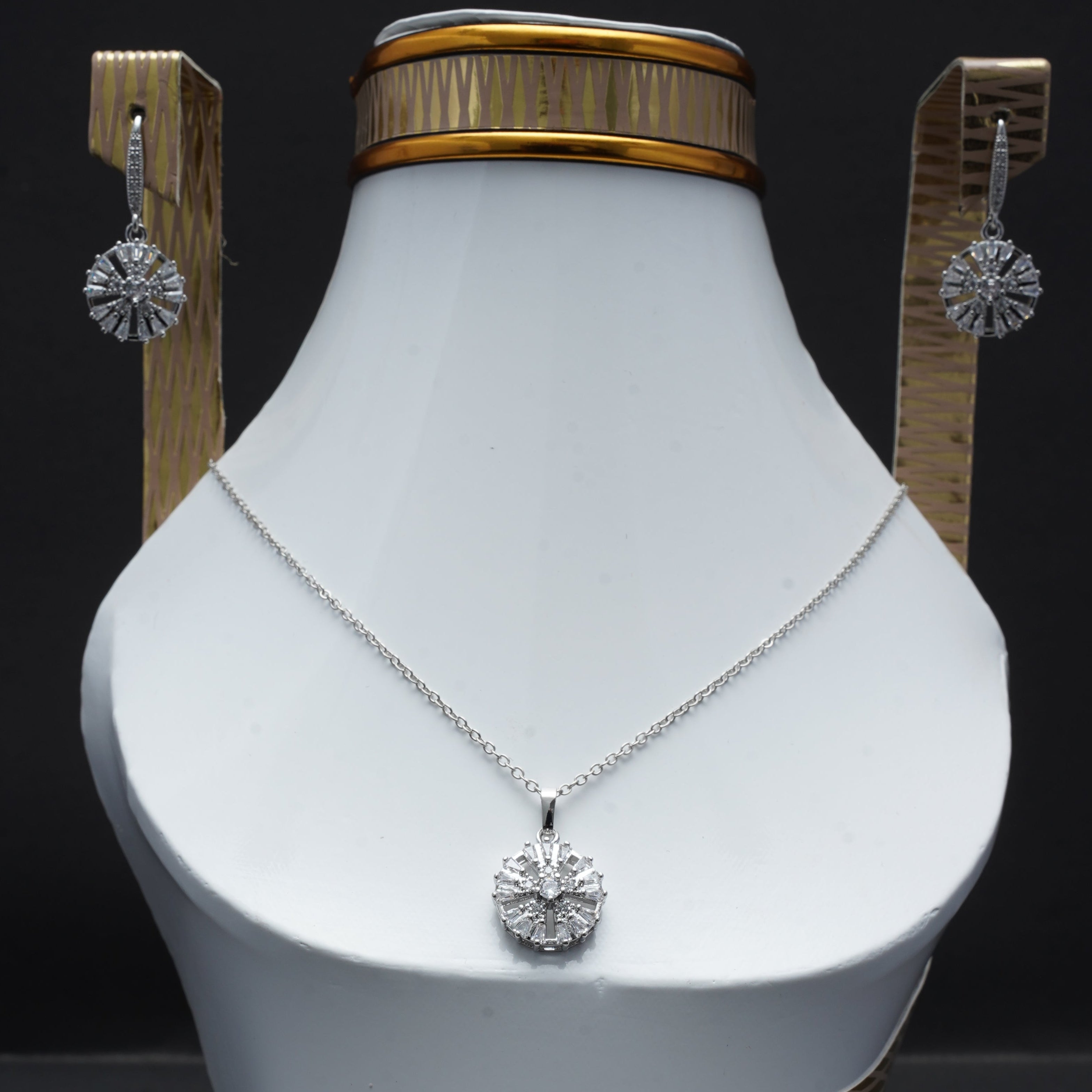 Silver-White Stone Locket and Earring Set